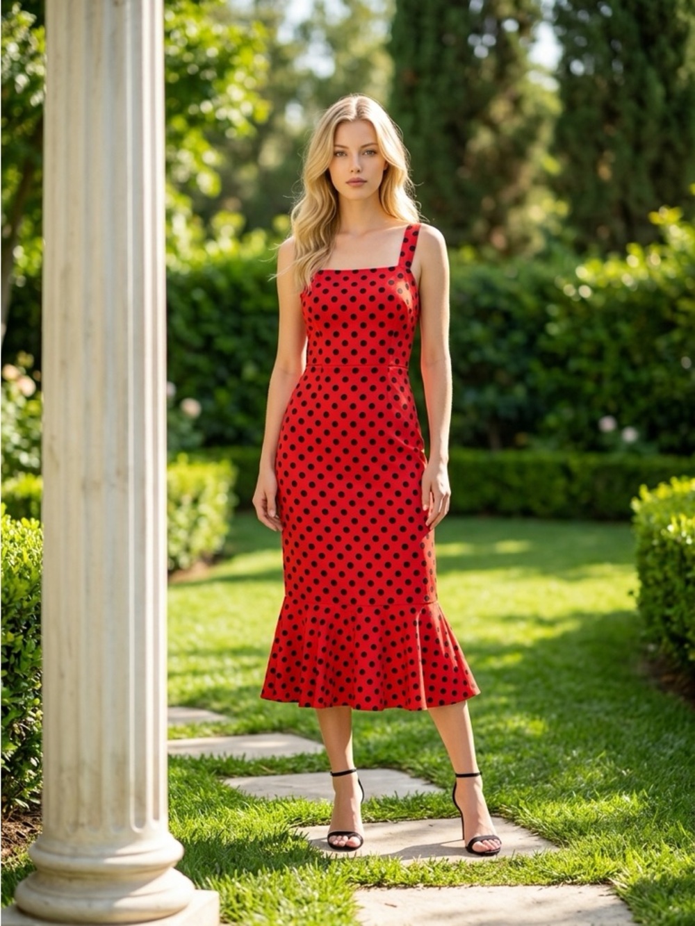 Dolce & Gabbana Red with Black Polka Dot Square Neck Midi Dress